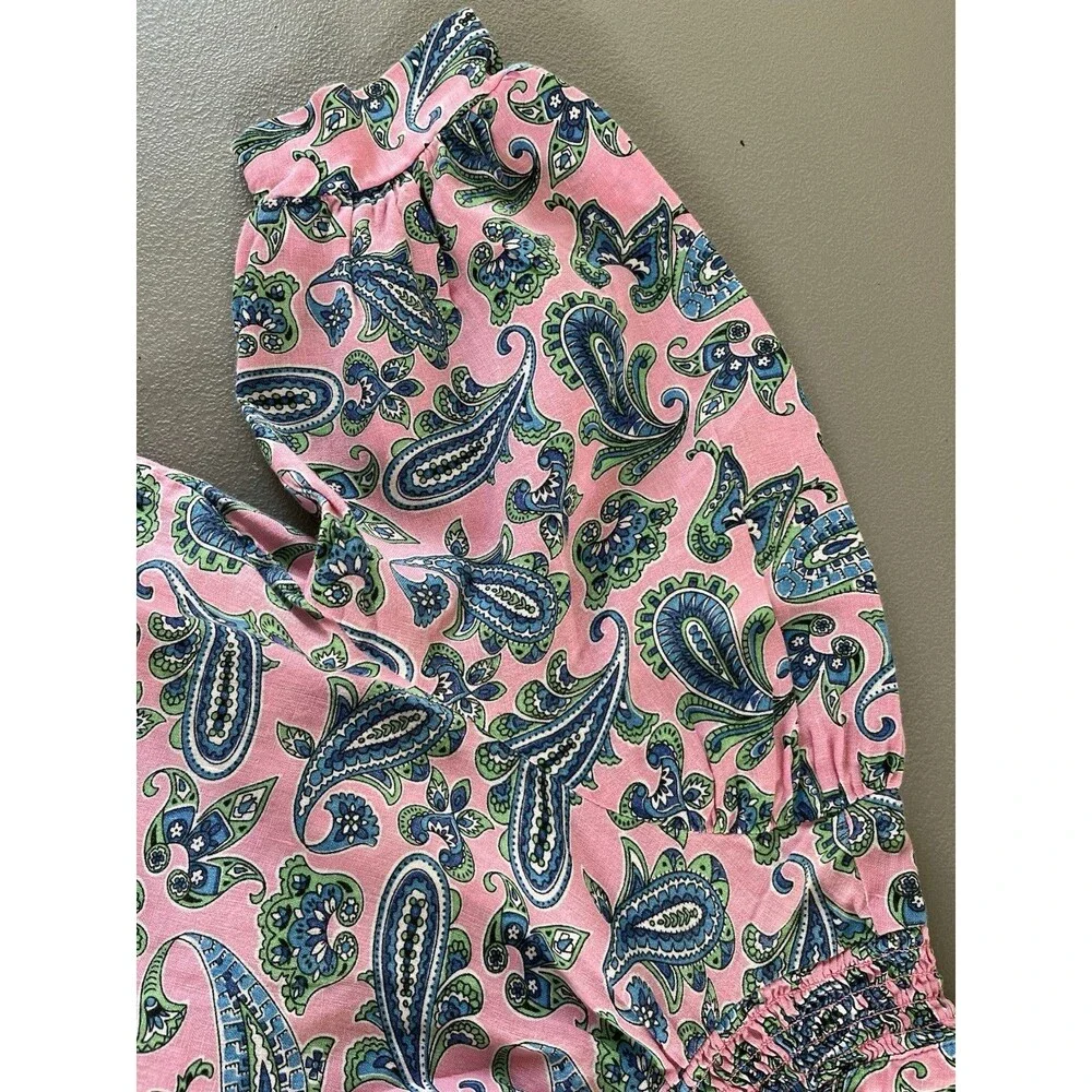 Boden Ada Linen Top Rose Damask Sz8 Pink Green Paisley Smocked Puff Sleeve Boho